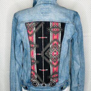 Upcycled Custom Light Blue jean jacket beautiful Aztec pink gray black w.Conco S